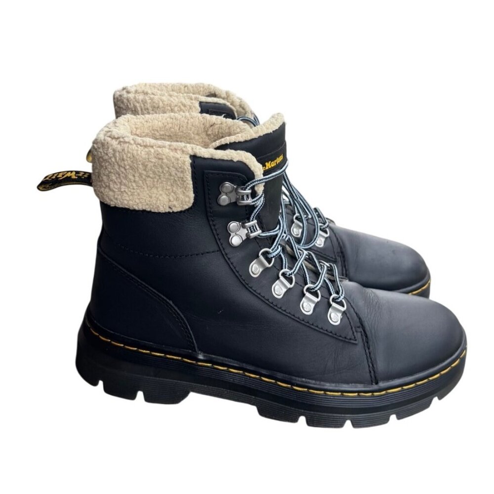 Dr. Martens Combs Black Leather Boots Size 9 US Faux Fur Lined Winter Lace-Up